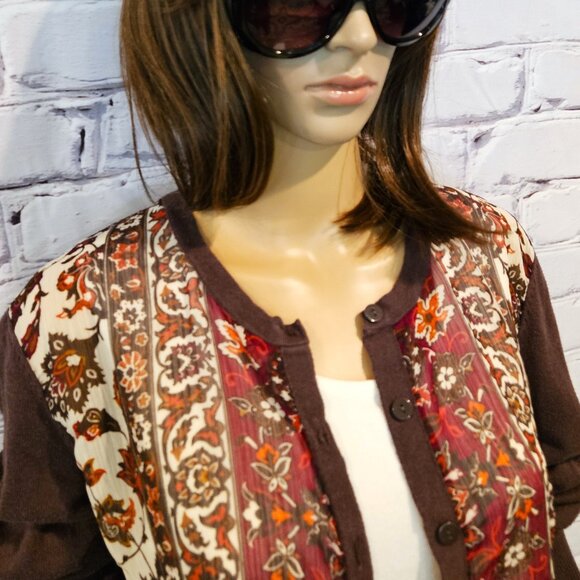 NEW YORK & COMPANY, Boho brown and burgundy button up cardigan - Picture 8 of 12